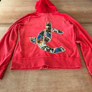 Juicy Couture Velour Track Jacket Women XL Red Y2K Full Zip Hooded Pocket Sports